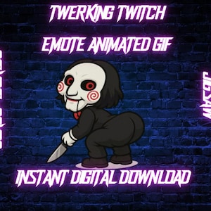 Può includere: GIF animata con un personaggio dei cartoni animati di Jigsaw che fa twerking, con un coltello in mano. L'immagine include il testo "Twerking Twitch Emote Animated GIF" e "Instant Digital Download" su uno sfondo di muro di mattoni.