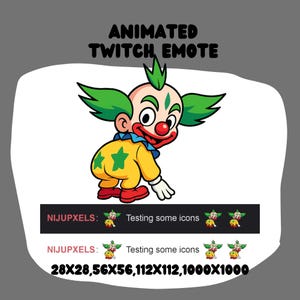 May include: Animated Twitch Emote featuring a cartoon clown with green hair and a red nose, wearing a yellow jumpsuit with green star accents. The image includes the text "ANIMATED TWITCH EMOTE" and "NIJUPXELS: Testing some icons."