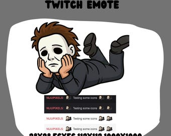 May include: Animated Twitch Emote of a cartoon character in a white mask and black outfit, resting on their elbows. The image includes the text "ANIMATED TWITCH EMOTE" and size specifications.