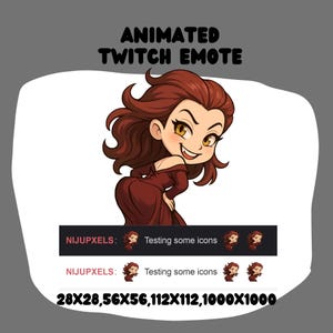May include: An animated Twitch emote featuring a cartoon woman with long red hair and a mischievous expression, wearing a burgundy dress. The text "ANIMATED TWITCH EMOTE" is at the top. The image includes the text "NIJUPXELS: Testing some icons" and size dimensions.