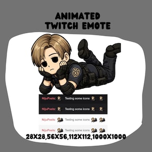 May include: An animated Twitch emote featuring a chibi-style character with light brown hair, wearing a dark blue police uniform with an RPD patch, lying on their stomach. Text includes ANIMATED TWITCH EMOTE, NijuPxels: Testing some icons, and 28X28,56X56,112X112,1000X1000.
