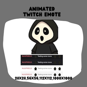 May include: Animated Twitch Emote featuring a cartoon ghost character with a black hooded robe and a surprised expression. The image includes the text "ANIMATED TWITCH EMOTE" and pixel size information.