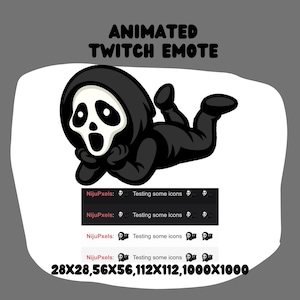 Op de afbeelding: Een geanimeerde Twitch-emote met een figuur in een zwarte gewaad met capuchon en een wit spookmasker, liggend op de buik. De tekst luidt: ANIMATED TWITCH EMOTE, NijuPxels: Testing some icons, en 28X28, 56X56, 112X112, 1000X1000.
