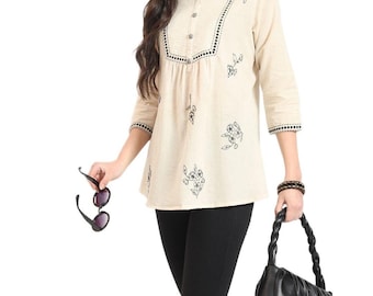 White Embroidered Women Top with Regular Sleeves Casual Cotton Blouse Elegant Summer Wear