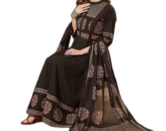 Black Floral Cotton Anarkali Kurta Set with Dupatta, Festive Ethnic Outfit