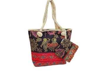 Printed Jute Tote, Indian Ethnic Boho Shoulder Bag, Large Beach Tote