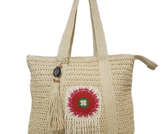 Cream Crochet Woven Shoulder Bag, Boho Summer Beach Tote, Minimalist Women Handbag