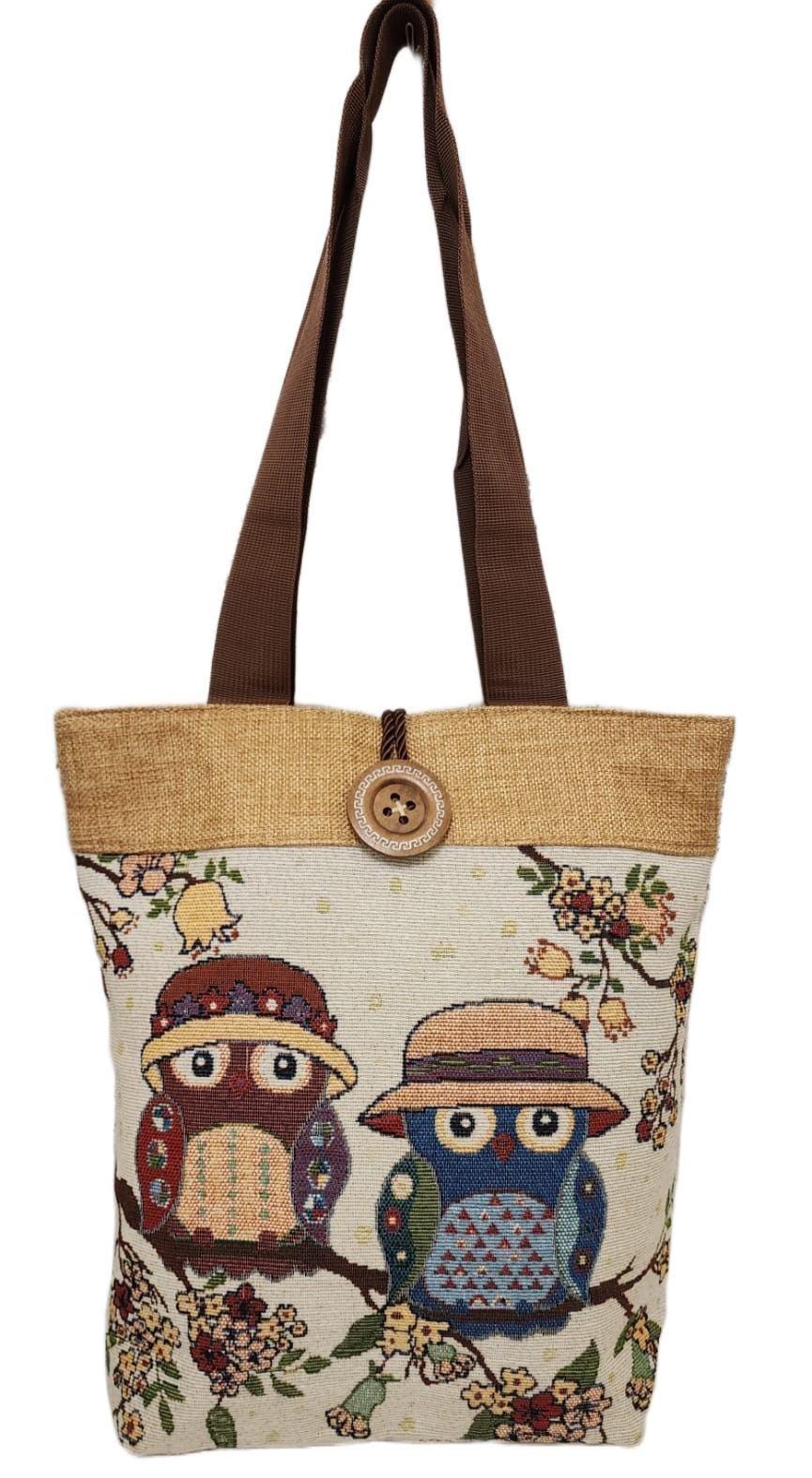 Owl Print Jute Tote Bag, Handmade Eco Friendly Shoulder Bag, Large Shopper , Animal  Handbag, Casual