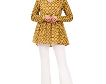 Floral Printed Yellow Cotton Top - Boho V-Neck Blouse