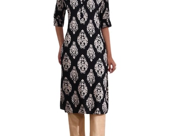Plus Size Black Rayon Kurta, Floral Print, Roll-Up Sleeves, Calf Length Tunic