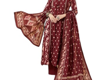 Maroon Floral Print Cotton A-Line Kurta Set with Dupatta, Ethnic Traditional Outfit