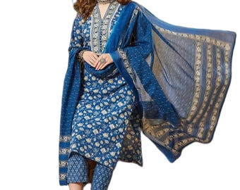 Blue A-Line Cotton Kurta Pant Set with Dupatta, Festive Indian Ethnic Wear