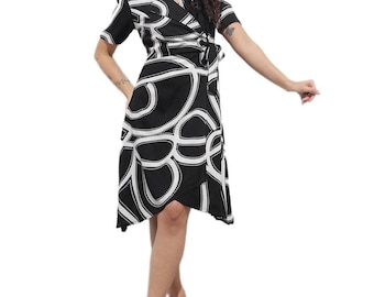 Black Abstract Print Rayon Midi Dress, Lapel Neck, Short Sleeves, Flowy Fit