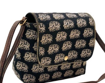 Black Elephant Print Cotton Mini Tote Bag, Ethnic Indian Shoulder Handbag
