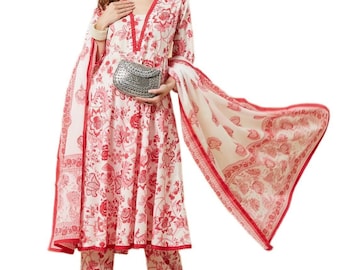 White Floral Cotton Anarkali Kurta Set with Dupatta, Hand Block Print Ethnic Outfit