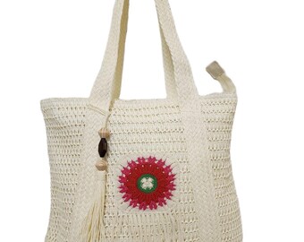 White Crochet Woven Shoulder Bag, Boho Beach Tote, Large Summer Handbag