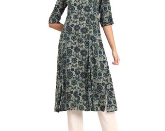 Plus Size Grey Floral Rayon A-Line Kurta, Women's Indian Ethnic Tunic