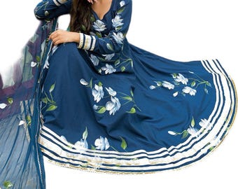 Blue Hand Painted Cotton Anarkali Kurta Pant Set with Dupatta | Indian Ethnic Wear for Women | Handmade Cotton Kurti Set