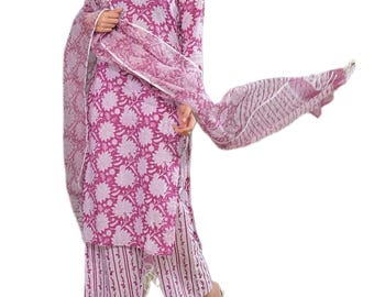 Fioletowy komplet z bawełny w kwiaty, kurta, spodnie i dupatta