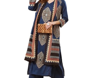 Blue Ajrakh Print Mirror Work Cotton Kurta Set With Dupatta, Indian Ethnic Festive Outfit