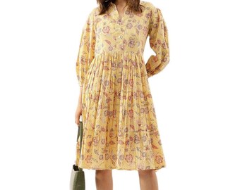 Yellow Floral Plus Size Cotton A-Line Dress, Puff Sleeve Shirt Collar Boho Outfit