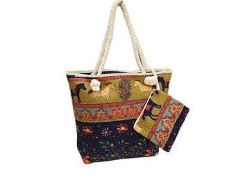 Indian Print Jute Tote Bag, Boho Shoulder Bag, Eco Friendly Reusable Handbag