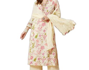 Floral A-Line Cotton Kurta Pant Set with Dupatta, Indian Ethnic Traditional Outfit