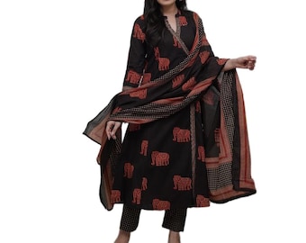Cotton Elephant Print Kurta Set, Sequin Neckline, Indian Ethnic Wear, Block Print Suit