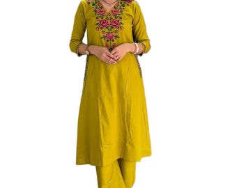 Yellow Cotton Kurta Pant Set, Floral Neckline Embroidery, Indian Ethnic Wear