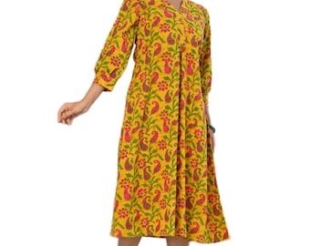 Plus Size Mustard Yellow Cotton Dress: Handmade 7XL Office Wear