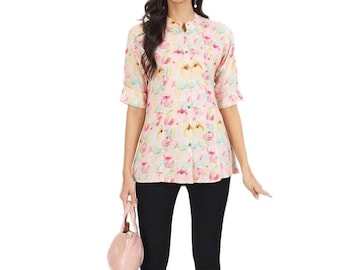 Blommig skjorta med mandarinkrage | Stickad topp i viskos (plus size)