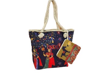 Indian Print Jute Tote, Zipper Shoulder Bag, Eco Friendly Ethnic Women's Bag