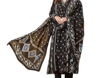 Black Floral Print Cotton A-Line Kurta Set with Dupatta, Ethnic Indian Wear