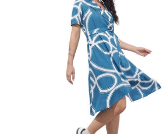 Blue Abstract Print Rayon Midi Dress, Lapel Neck, Boho Summer Vacation Outfit