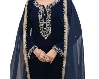 Embroidered Velvet Kurta Set: Blue Indian Wedding Outfit Plus Size
