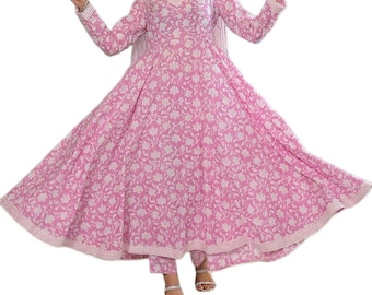 Plus Size Floral Anarkali Kurta Set: Indian Cotton Dress with Dupatta