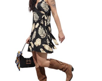 Black Leaf Print Rayon Midi Dress, Flowy Sleeveless Summer Vacation Outfit