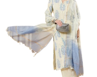 Blue Cotton Zari Work Kurta Pant Set With Dupatta, Festive Indian Ethnic Outfit