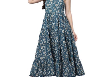 Floral Cotton Midi Dress, A-Line Flared Hem, Summer Vacation Outfit