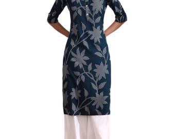 Plus Size Blue Floral Rayon Kurta, Roll-Up Sleeves, Women's Ethnic Tunic