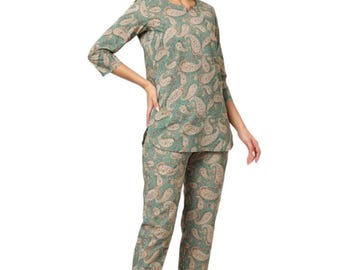 Green Paisley Cotton Tunic Trouser Set, Plus Size Soft Breathable Summer Sleepwear