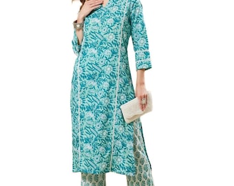 Turquoise Blue Cotton Kurta Pant Set | Floral Print Indian Ethnic Summer Wear
