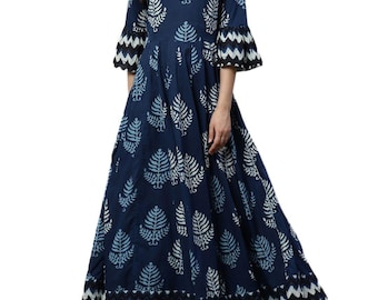 Plus Size Blue Anarkali Kurta: Cotton Indian Ethnic Dress, Festive Wear