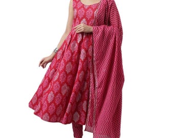 Plus Size Anarkali Kurta Set with Dupatta | Ethnic Print Cotton Dress | Indian Cotton Salwar Suit | Festive Outfit for Women