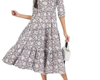 Plus Size Floral Baumwolle Midi Kleid, Volant Saum, Boho Sommer Day Wear