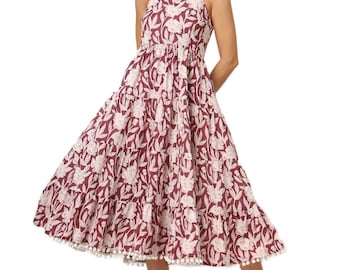 Burgundy Floral Cotton Fit and Flare Midi Dress, Boho Summer Casual Wear