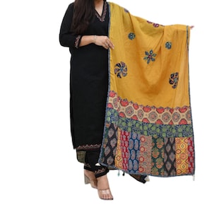 ajrak dupatta with black dress Black kurta set with contrast dupatta