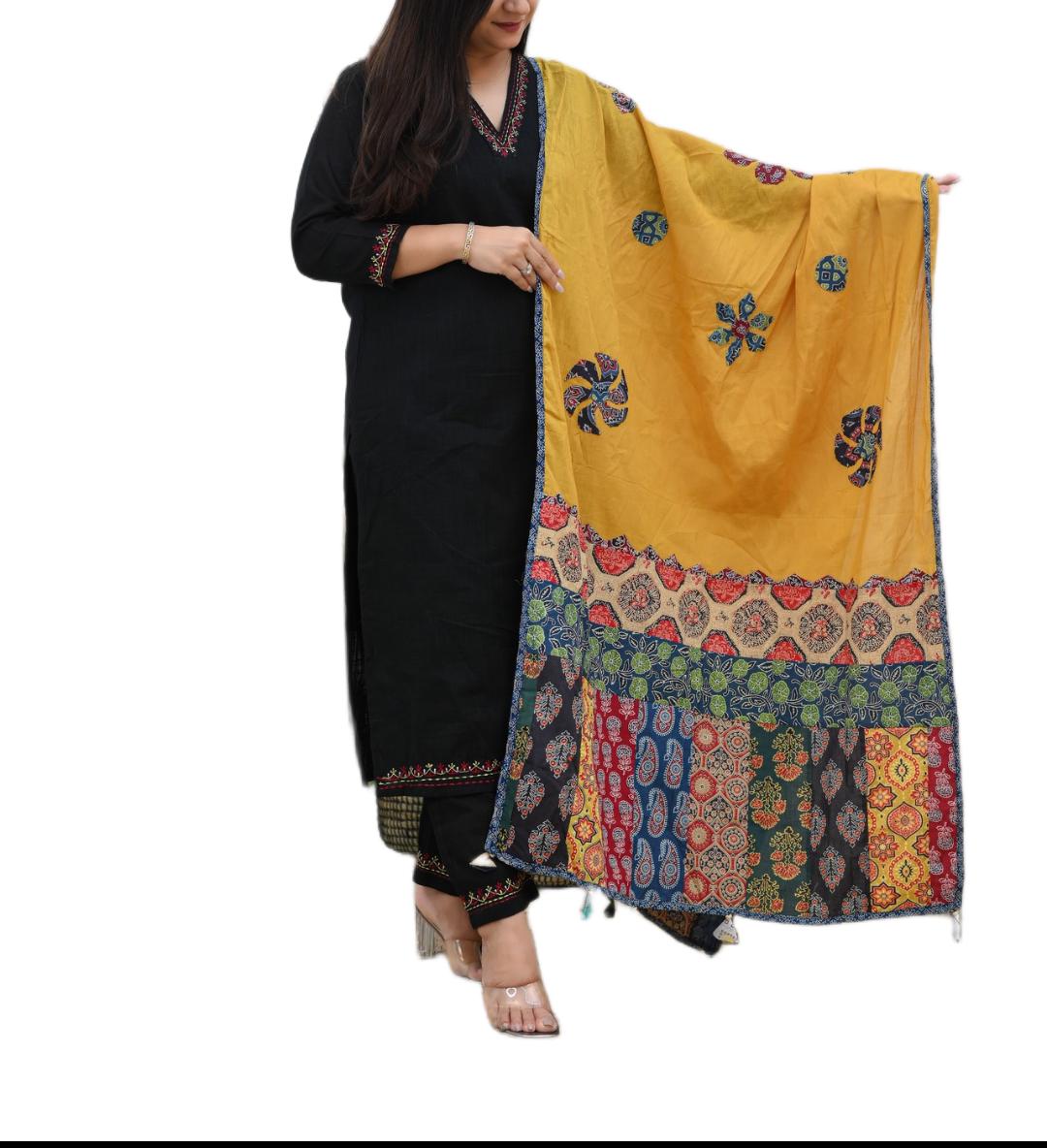 blue dress for baby girl Cotton Ajrakh Print Black Suit Set with Printed Cotton Dupatta – Baareeki