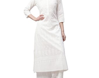 Plus Size Cotton Kurta Palazzo Set: White Printed Indian Dress
