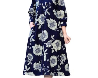 Vestido midi estampado de algodón puro, mangas tres cuartos, vestido casual de corte A para verano.